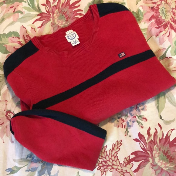 Vintage RALPH LAUREN Size Large Pullover Red Black Ribbed Cotton Embroidery Flag - Picture 2 of 16